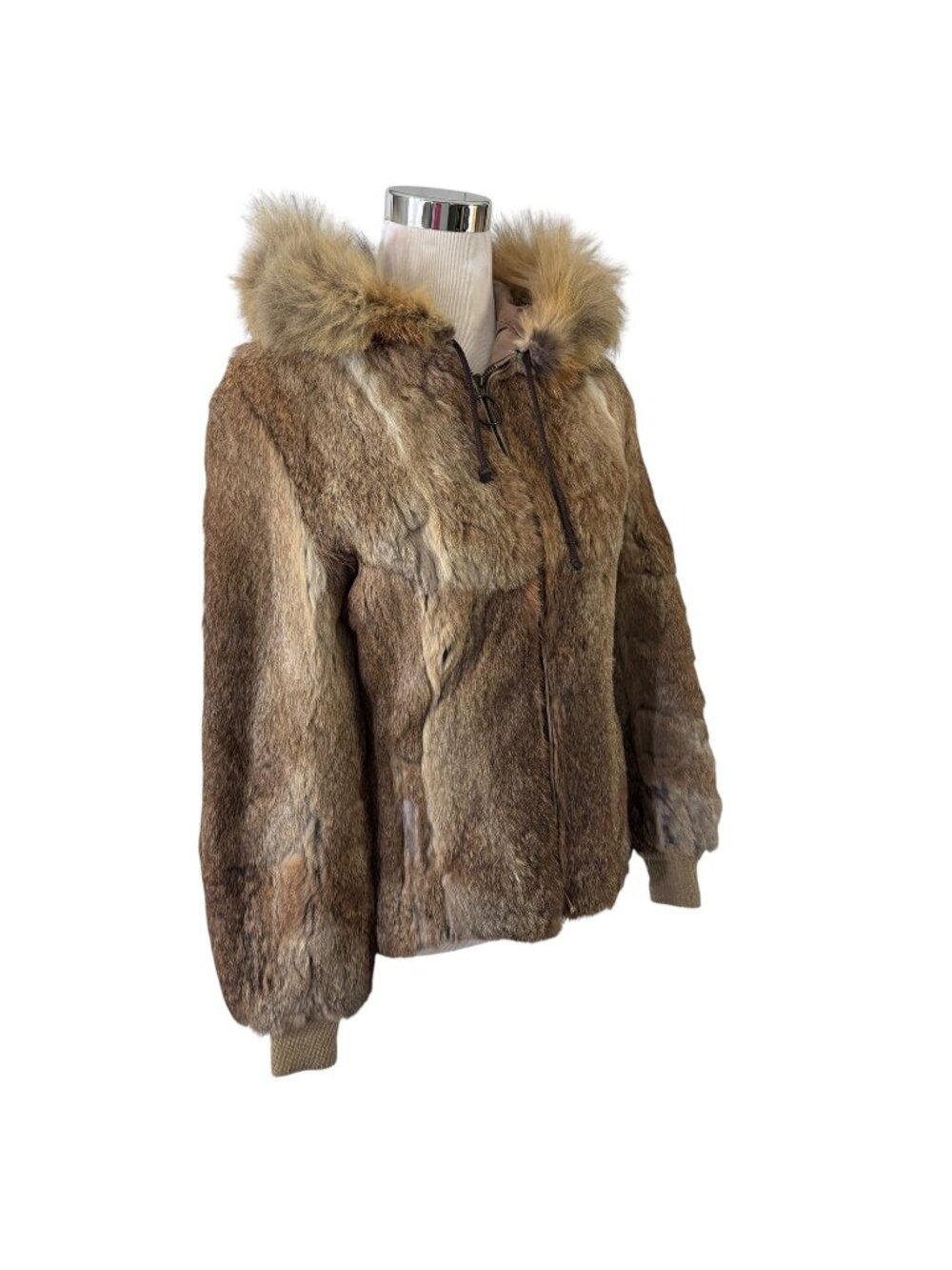 Brown Rabbit Fur Hooded Coat Jacket Womens Size M Vintage 1970s